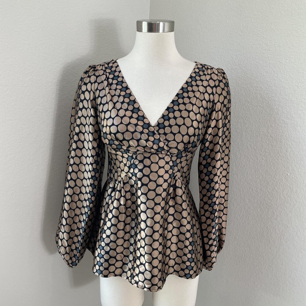 Nanette Lepore Black and Beige Polka Dot Long Sleeve Top